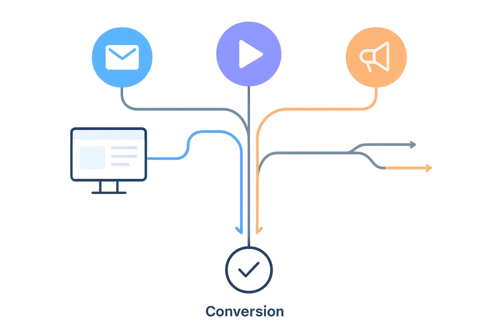 Diagram of multiple marketing touchpoints converging on a conversion with attribution weights.