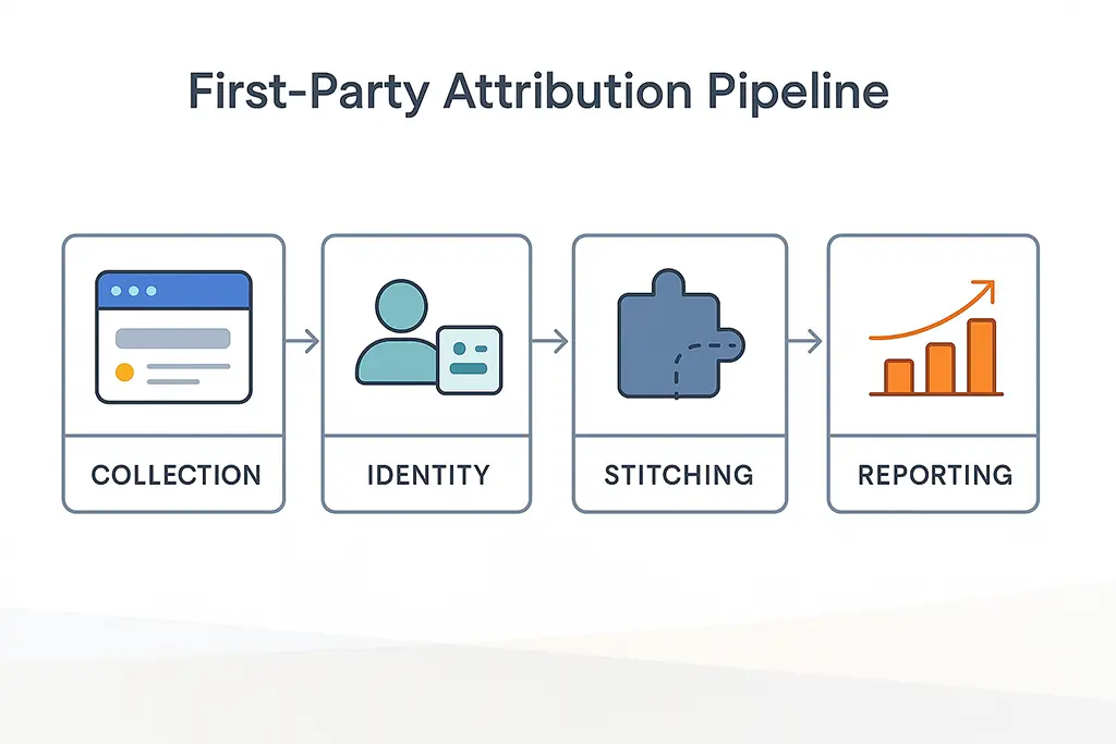 Detailed diagram of first-party data collection, identity stitching, and attribution reporting.