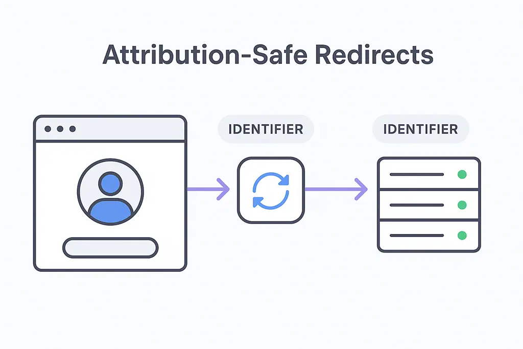 Diagram showing identifiers preserved through redirects to maintain attribution.