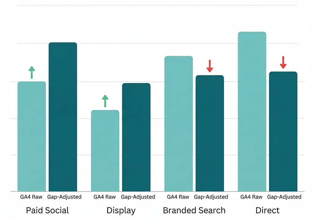 Side-by-side bar chart showing raw GA4 channel attribution percentages versus gap-adjusted attribution percentages, with paid social and display gaining share while branded search and direct lose share in the adjusted view