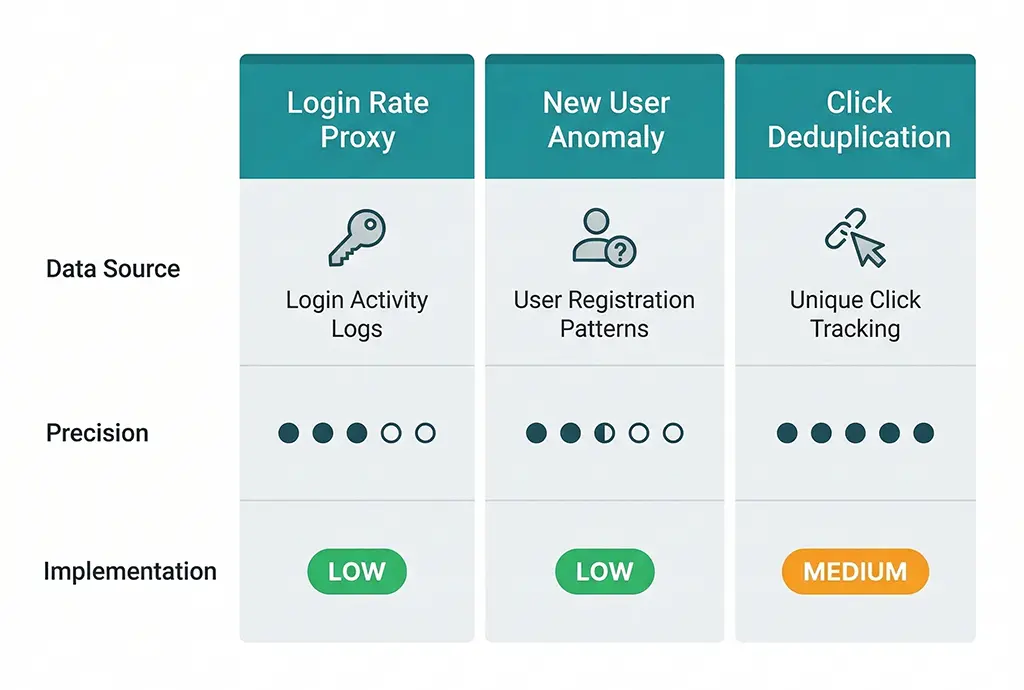 Three-column comparison diagram showing the three gap estimation approaches — login rate proxy, new user anomaly detection, and click deduplication — with estimated precision level and implementation complexity for each