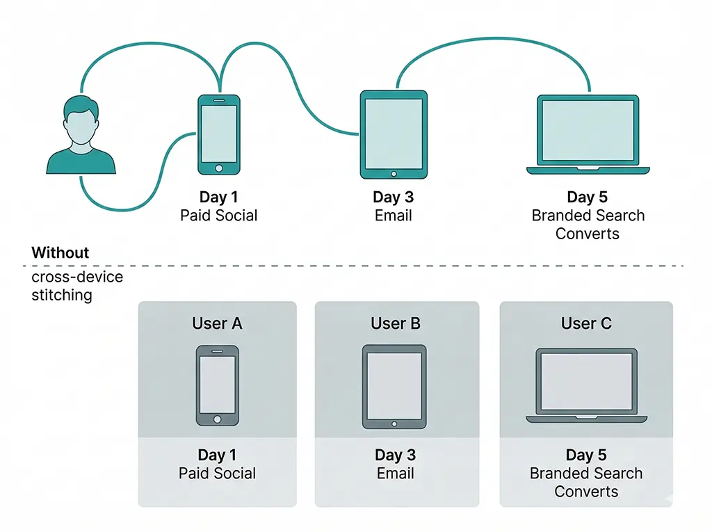 Diagram showing a single user's three-device journey — mobile social click, tablet email open, desktop conversion — being split into three separate user records in GA4 due to missing cross-device stitching, with each device receiving independent attribution