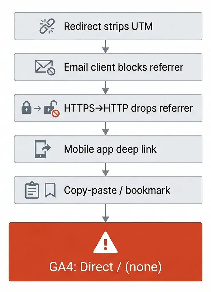 Technical diagram showing five distinct failure modes that cause legitimate channel traffic to be misattributed as direct in GA4, including redirect UTM stripping, email client referrer suppression, HTTPS to HTTP downgrade, mobile app deep links, and copy-paste navigation