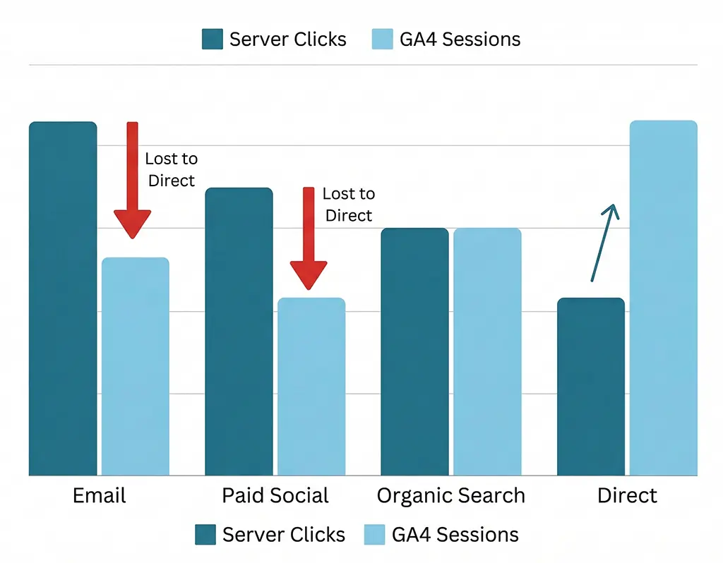 Bar chart comparing server-logged click counts versus GA4 session counts per channel, showing the gap between server email clicks and GA4 email sessions with a labeled arrow indicating the portion absorbed into direct traffic