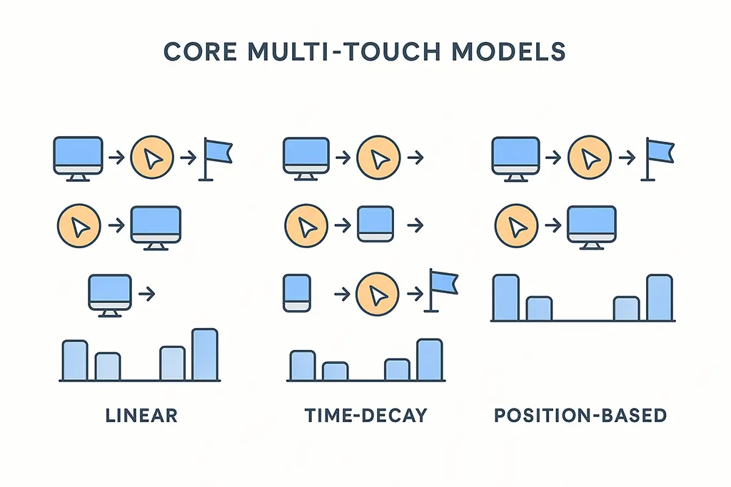 Comparison diagram of linear, time-decay, and position-based attribution models.