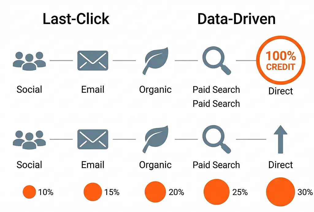 Side-by-side diagram comparing last-click and data-driven attribution credit distribution across a multi-touch customer journey with five touchpoints