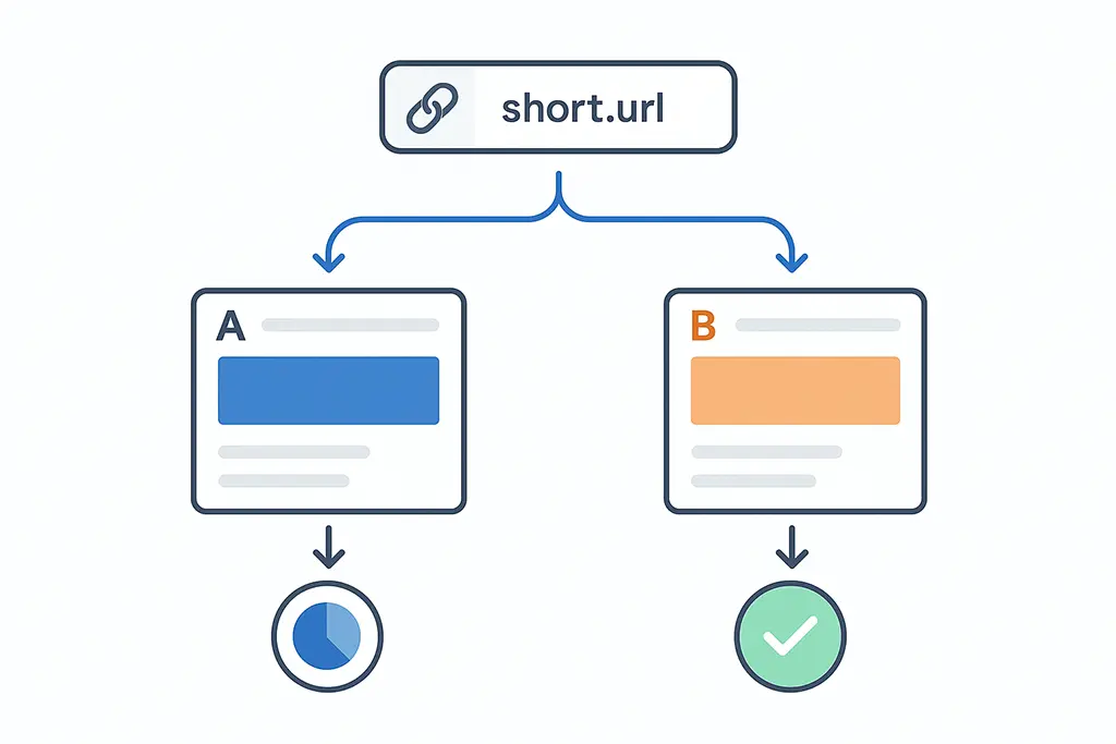 Diagram of A/B testing with short links routing to two landing pages.