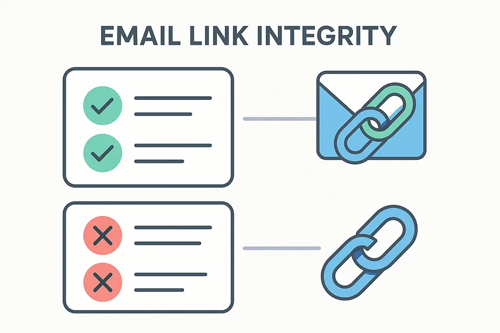 Diagram showing link design choices that preserve conversion integrity in email.