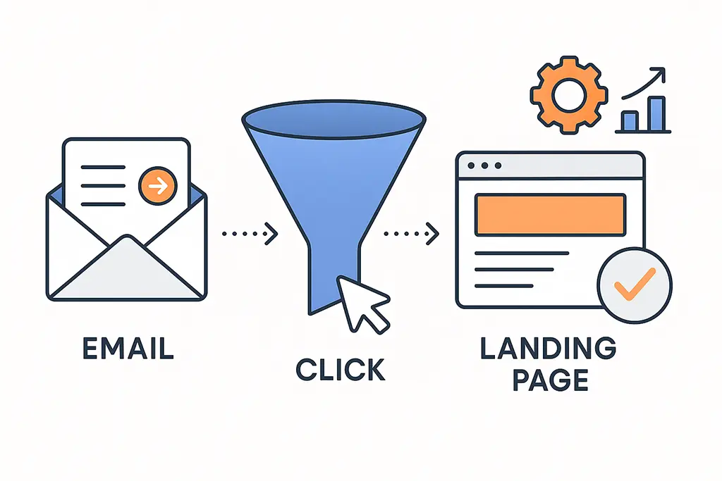 Diagram of an email click funnel leading to landing page conversion.
