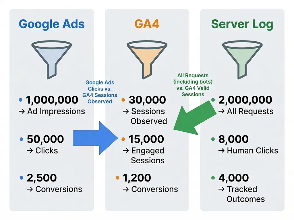 Side-by-side comparison diagram showing how Google Ads, GA4, and server-side logs each count different denominators for conversion rate calculations