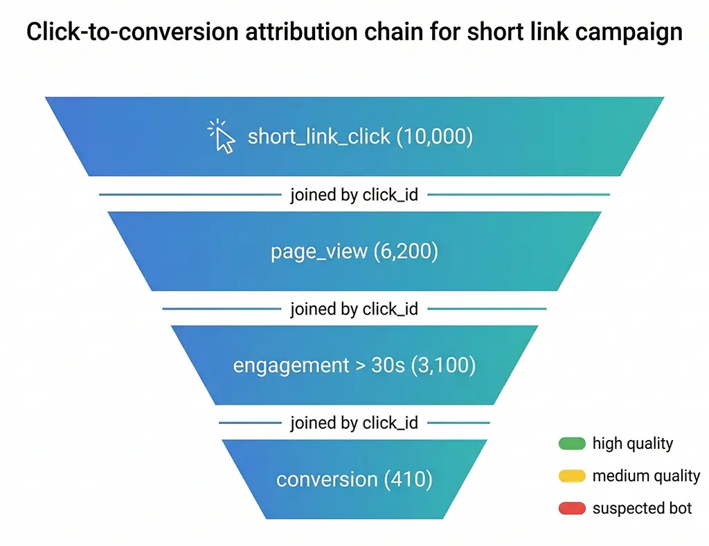 Funnel visualization showing short_link_click events at the top narrowing to page_view, then engagement events, then conversion events at the bottom, with click_id as the join key connecting all levels