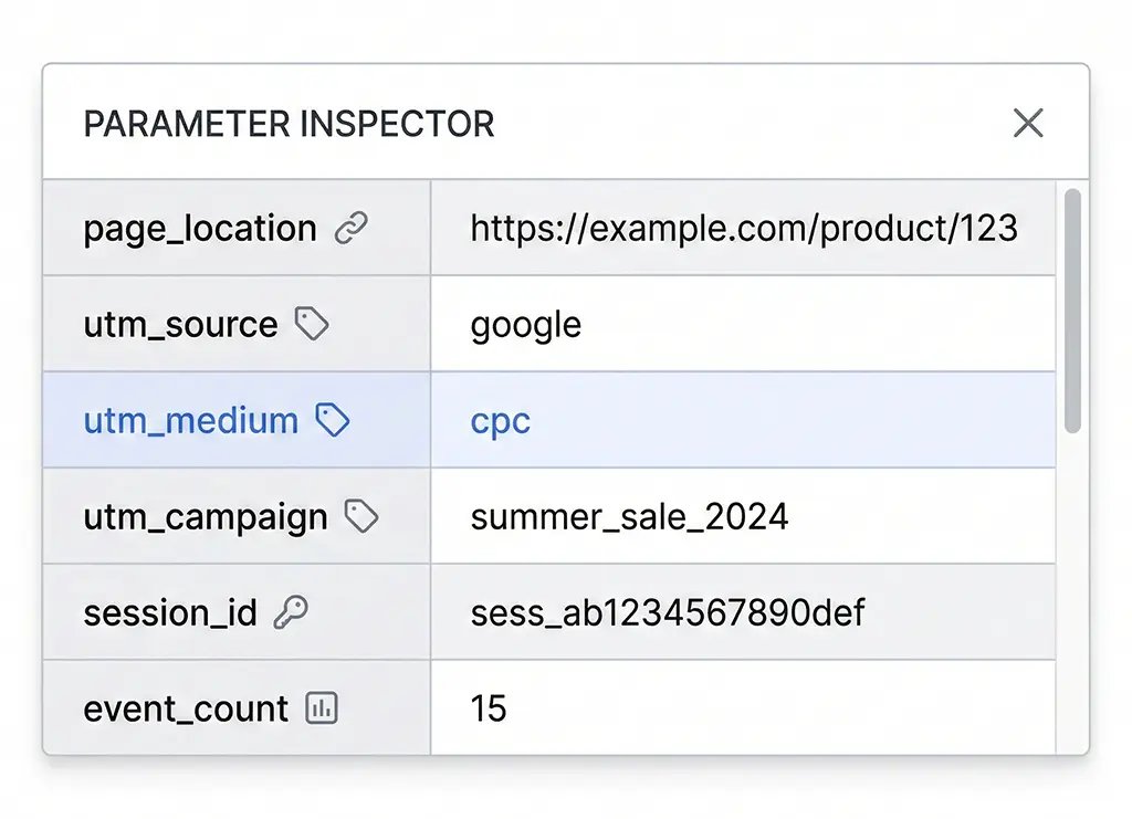 Close-up of GA4 DebugView parameter inspection panel showing utm_source, utm_medium, utm_campaign values alongside page_location and session data