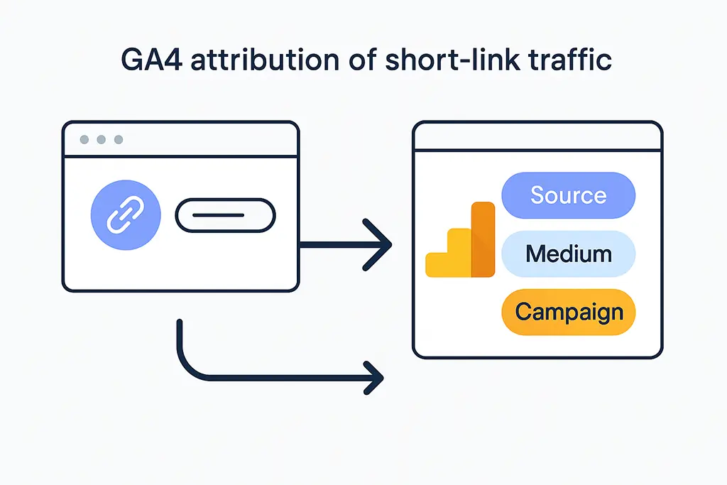 Diagram showing how short-link traffic is attributed to GA4 source, medium, and campaign dimensions.
