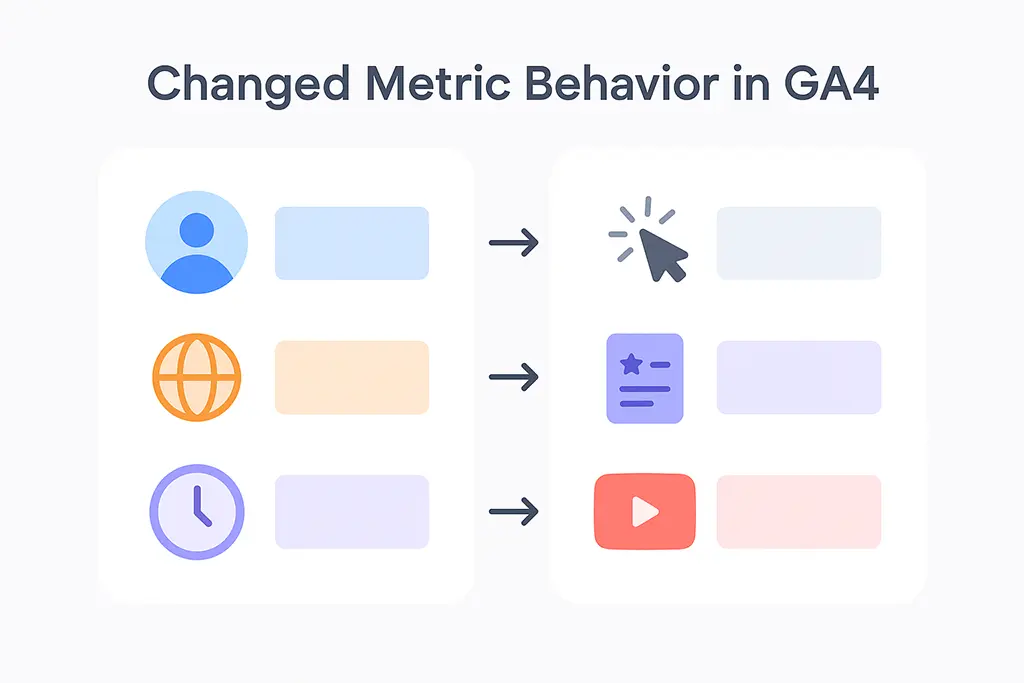 Comparison diagram showing familiar metric names mapped to different event behaviors in GA4.