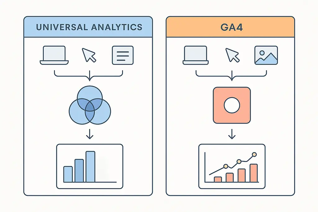 Side-by-side diagram comparing Universal Analytics and GA4 campaign tracking models.