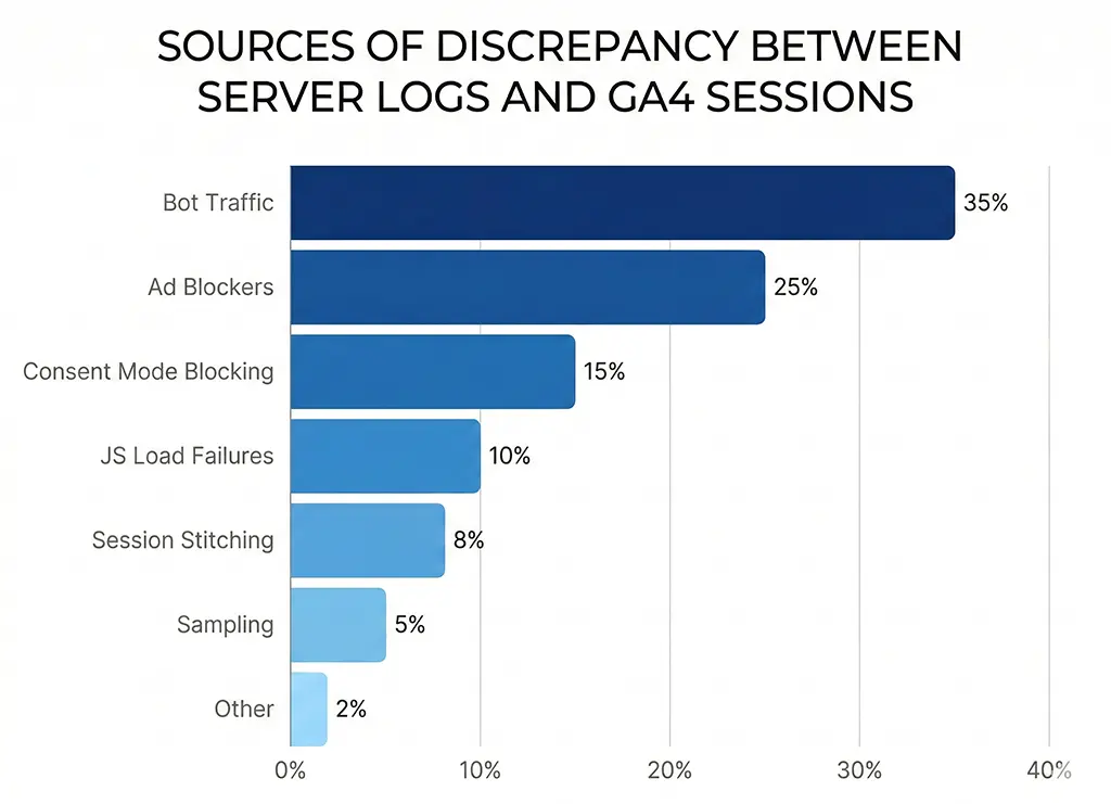 Bar chart showing typical percentage contribution of each discrepancy source: bots, ad blockers, consent mode, JS failures, session stitching, redirect hops