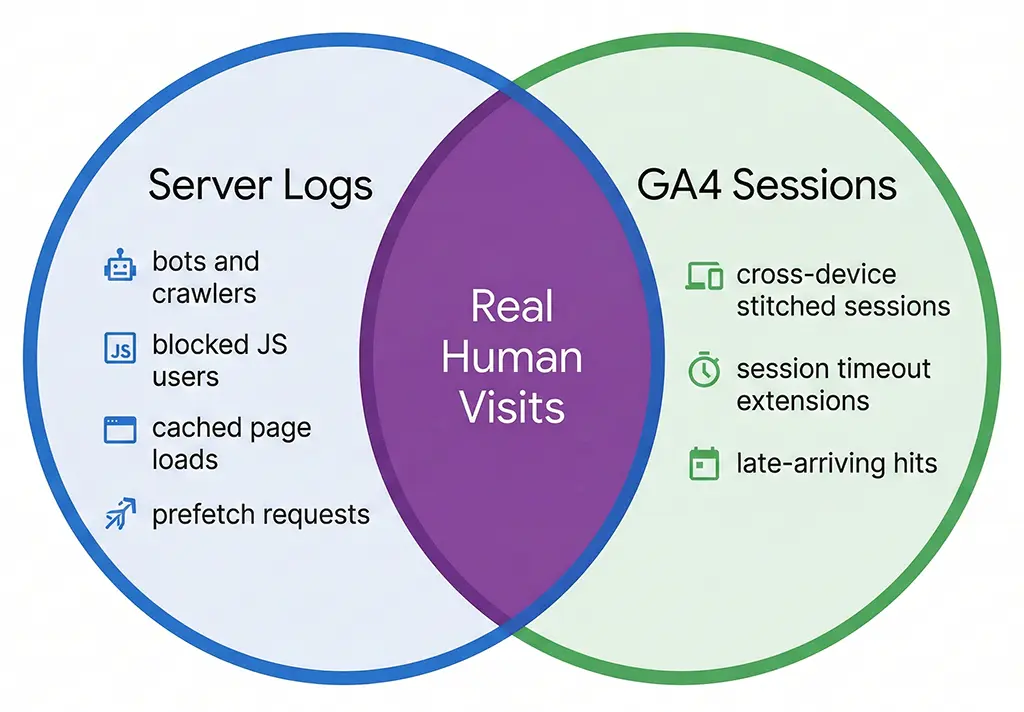 Diagram comparing what server logs measure versus what GA4 measures, showing overlapping and non-overlapping traffic populations