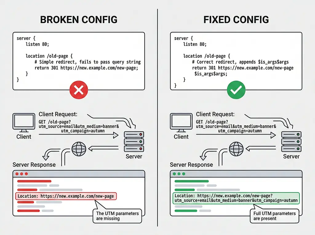 Split-screen diagram comparing a broken Nginx return directive (missing query string in Location header) vs a corrected one with $is_args$args appended