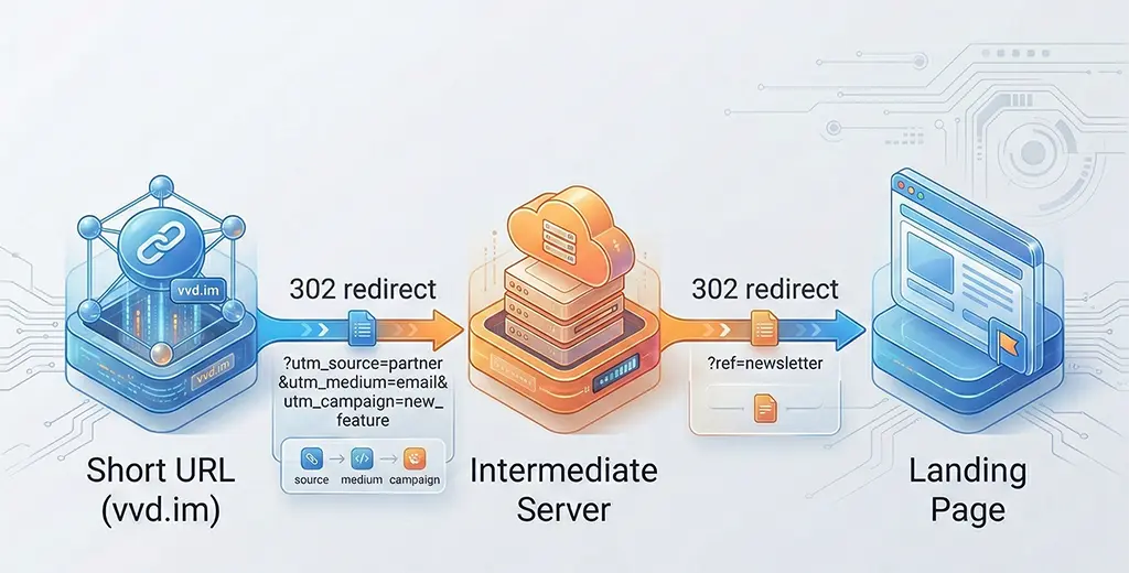 Diagram showing a three-hop redirect chain from short URL through intermediate server to landing page, with UTM parameters shown at each step