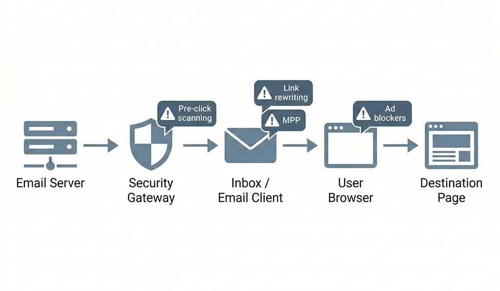 Diagram showing the journey of an email link from send through security scanners, email client rendering, and user click to the destination page, with threat labels at each stage
