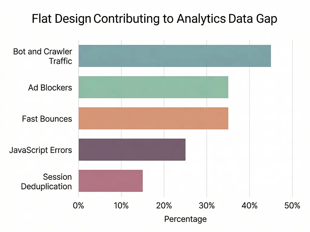Bar chart illustrating typical percentage contributions of bots, ad blockers, fast bounces, JavaScript errors, and session deduplication to the gap between server-side and GA4 click counts