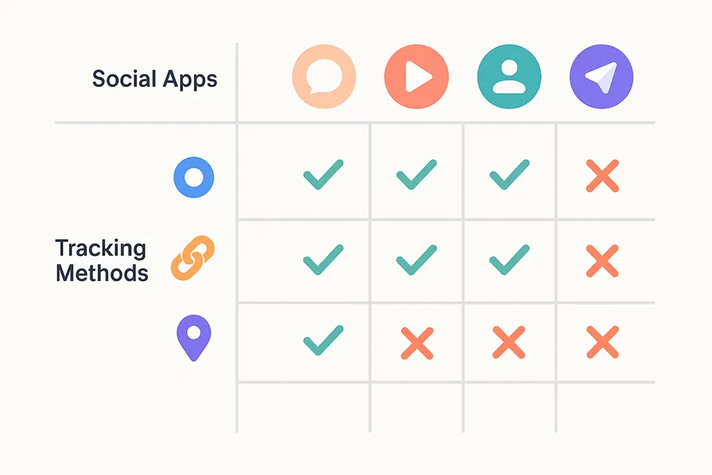 Matrix diagram showing which tracking methods work or fail across social apps.