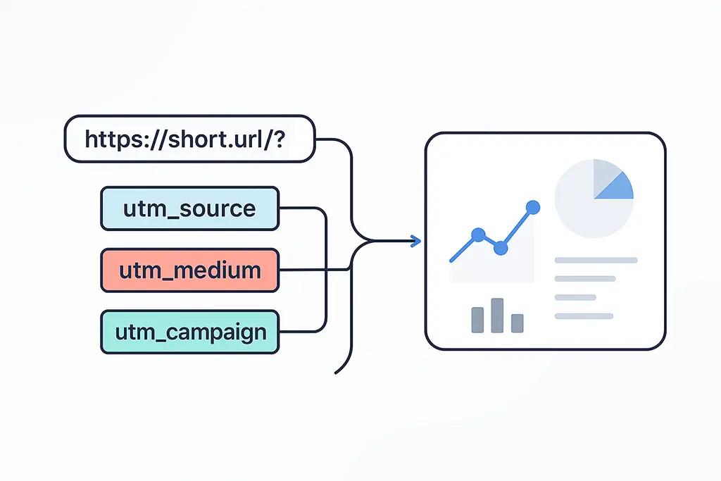 Diagram of a URL with UTM components connected to analytics reporting.