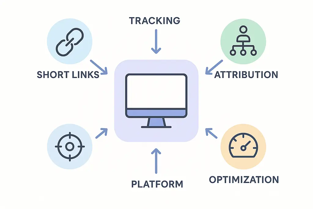 Ecosystem diagram connecting short links, tracking, attribution, and optimization.