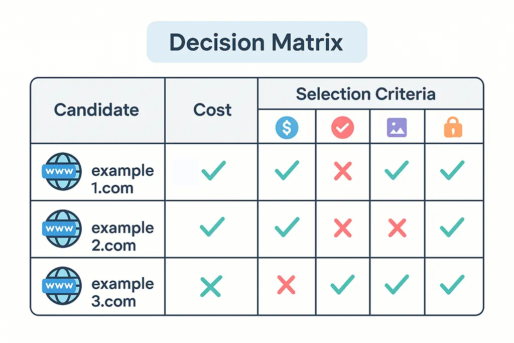 Decision matrix diagram comparing candidate custom domains against key criteria.