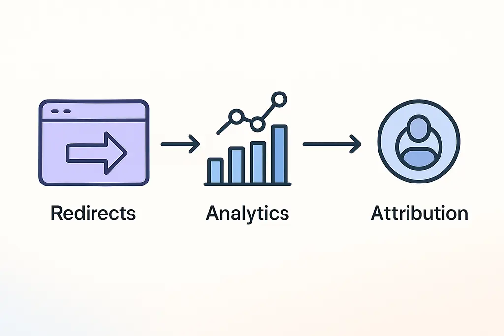 Diagram of redirect flows feeding analytics and attribution layers.