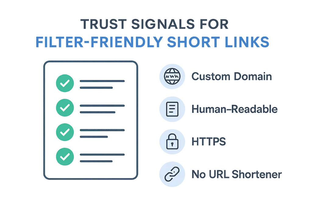Diagram of trust signals used to design short links that pass filters.