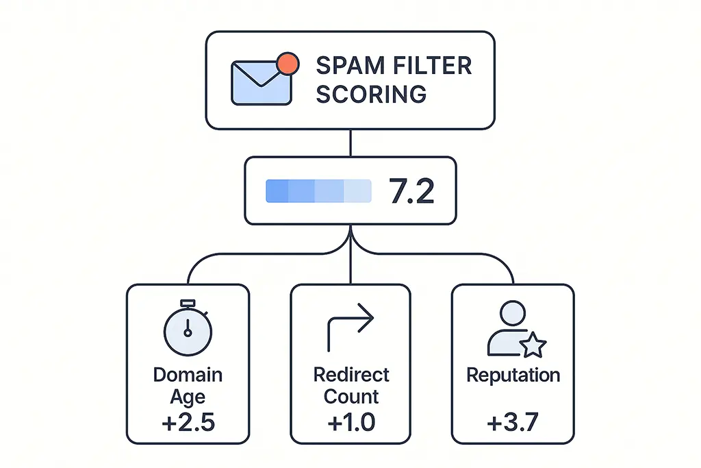 Diagram showing spam filter scoring factors for evaluating a URL.